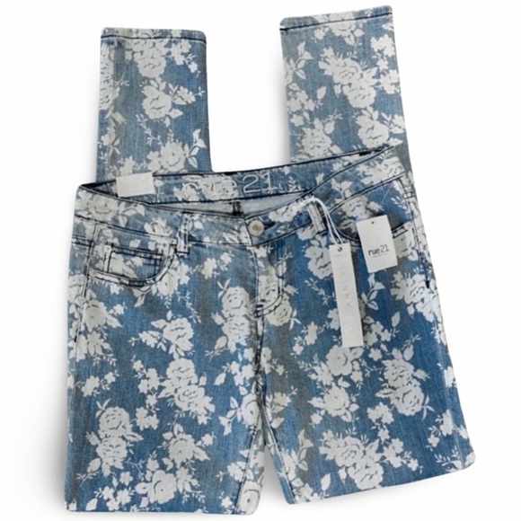 Rue21 Denim - Rue21 Y2K Jeans Womens 9/10 Boho Retro Floral Skinny Blue Stretch Denim 30x30